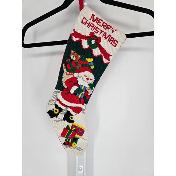 Christmas Stocking Santa Toy Bag Train Handmade Needlepoint Wool Tapestry VTG - Picture 1 of 3